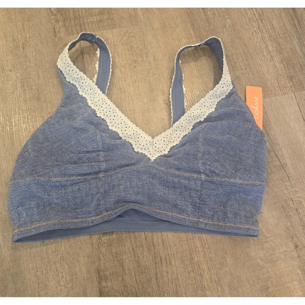 NWT Women's Blue Denim Lace Trim Bralette Size M Colsie Stretchy 90's Y2K